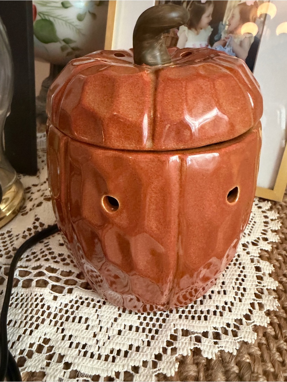 Scentsy Pumpkin Ceramic Wax Warmer in Burnt Orange with Brown Stem